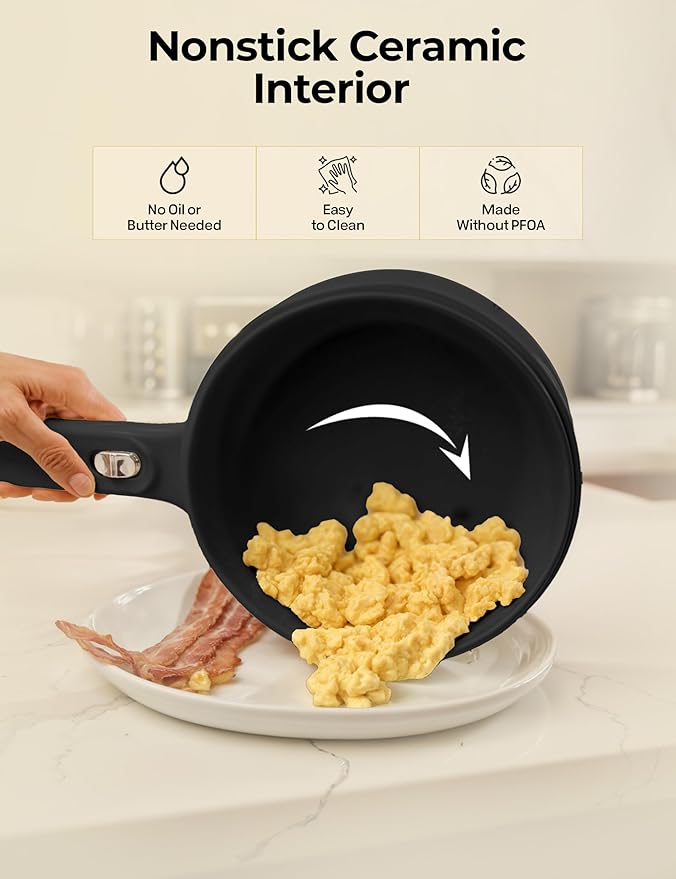 Electric Hot Pot with Lid and Steamer, 1.5L Non Toxic Ceramic Cooker Skillet for Ramen, Eggs, Pasta Portable and Compact for Dorms, Camping, RVs, Work, Adjustable Temperature