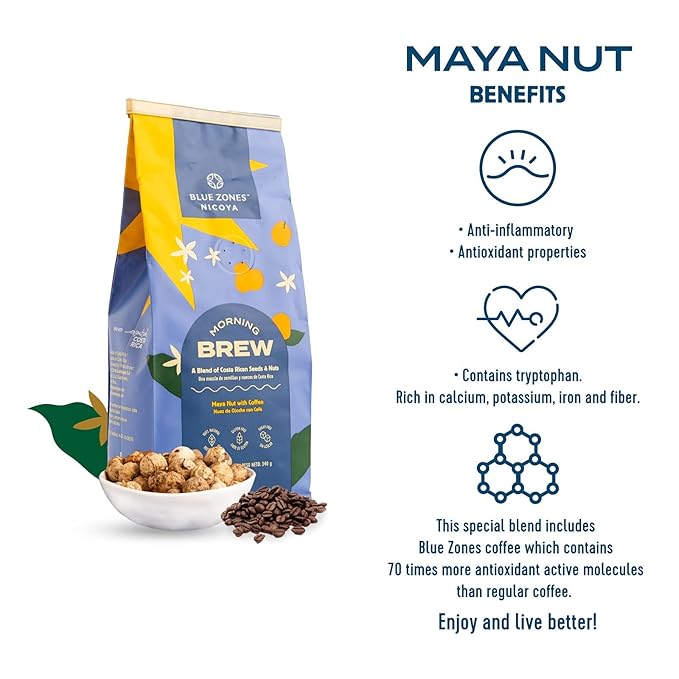 Blue Zones Nicoya - Morning Brew, Maya Nut with Coffee - 100% Natural Ground Coffee Alternative - High Micronutrients - Low Caffeine, Gluten & Sugar-Free (12 oz/ 340g)