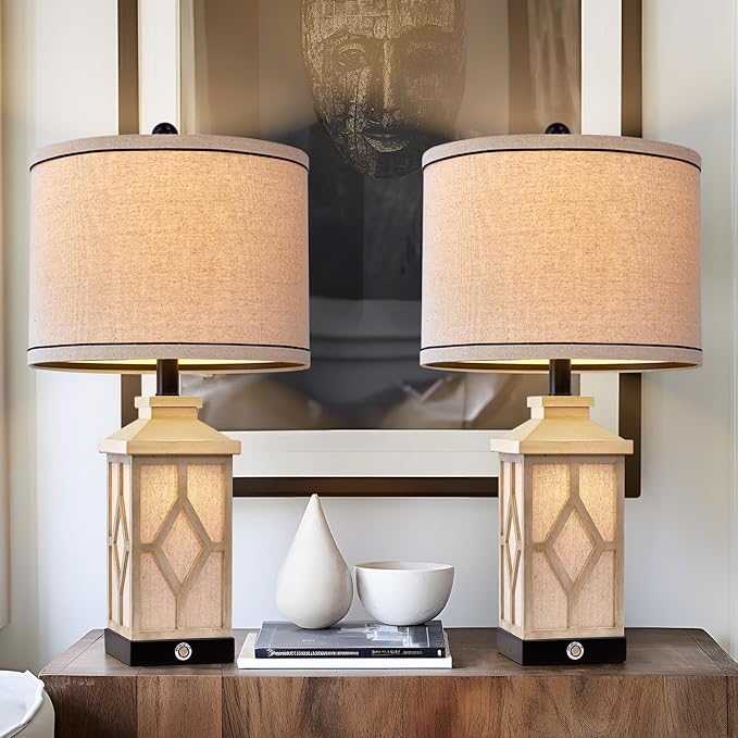23.5" Touch Table Lamps for Living Room Set of 2 Farmhouse Bedside Lamps with USB A+C Charging Ports 3-Way Dimmable White Lamps Retro Lamps for Night Stands Boho Bedroom Lamp