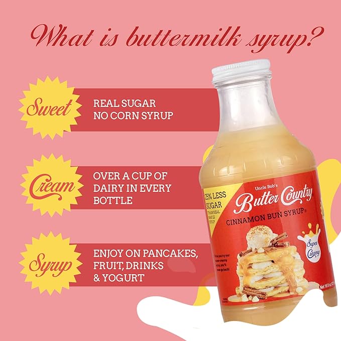 Uncle Bob's Butter Country Rich & Creamy Cinnamon Bun Flavored Buttermilk Syrup for Pancakes, Waffles, French Toast, & More, No Corn Syrup, Gluten Free, 16 fl oz Bottle/2 Pack