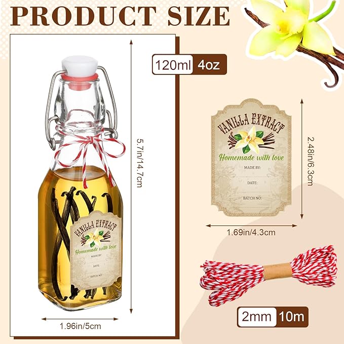 Uiifan 12 pcs 4 oz Swing Top Clear Square Glass Bottles For Vanilla Extract with Caps and Cotton Twines Label Flip Top Glass Beer Bottle for Home Vanilla Brew Oil Vinaigrettes Beer Tea Supply