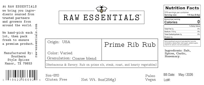 Raw Essentials Prime Rib Rub ??Herbaceous and Savory ??Rub on Prime Ribs, Steaks, Roasts, and Vegetables - 9 Ounce Bottle