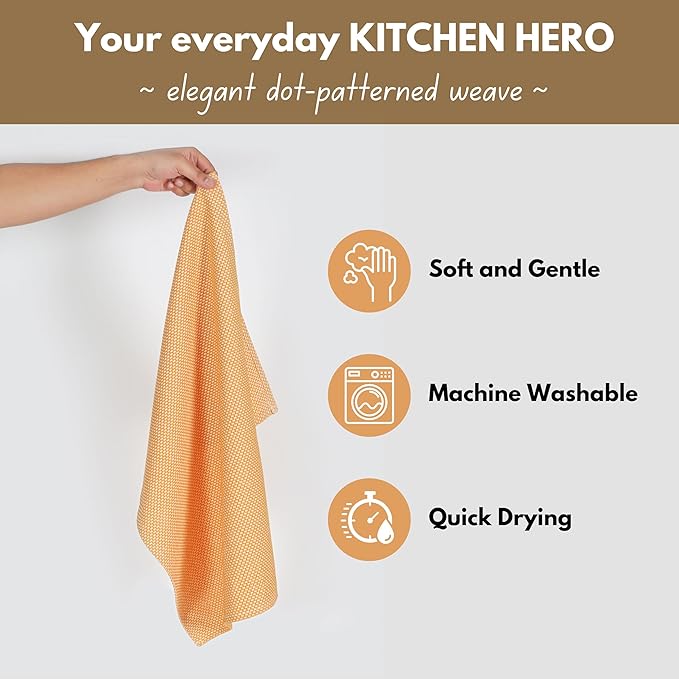 Native Fab 4 Pack Dotted Pattern Kitchen Dish Towels Cotton Super Absorbent Quick Drying Reusable 18x26 Inches - Bar Hand Towels, Kitchen Cleaning Towels with Hanging Loop, Mustard Yellow