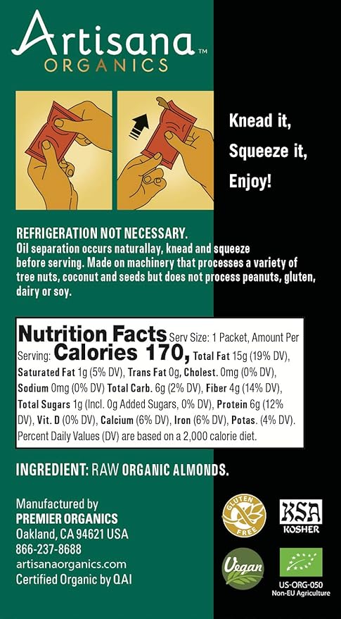 Artisana Organics Raw Almond Butter Snack Packs (10 Pack) | No Sugar Added, No Palm Oil, Vegan, Paleo, and Keto Friendly, Non GMO, 1.06oz Pouches