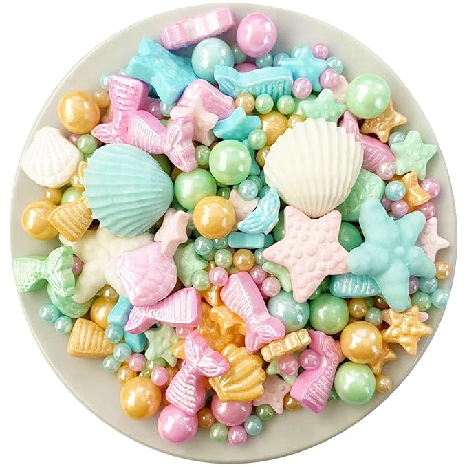 Sentovac Colorful Mermaid Sprinkle Edible Decorating Ocean Sprinkles for Cake Cupcake Topper Cookie Baking Decorations Starfish Shell Pearl Mermaid Candy Mix Mermaid Party Birthday Cake Decorations