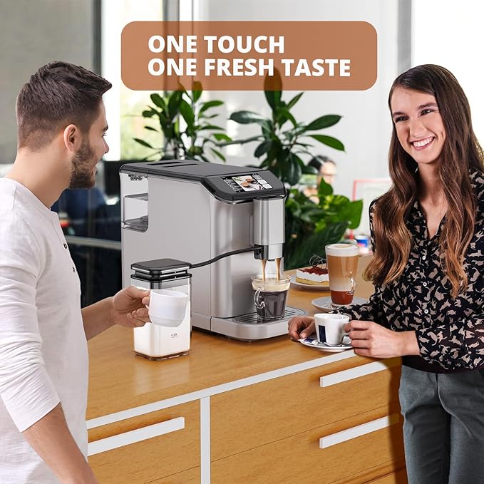 Super Automatic Espresso Machine 20 Bar with Grinder, One Touch Recipes & Automatic Milk Frother, 1350W Compact Bean to Cup Coffee Maker with TFT Touchscreen for Home Barista, Silver & Black