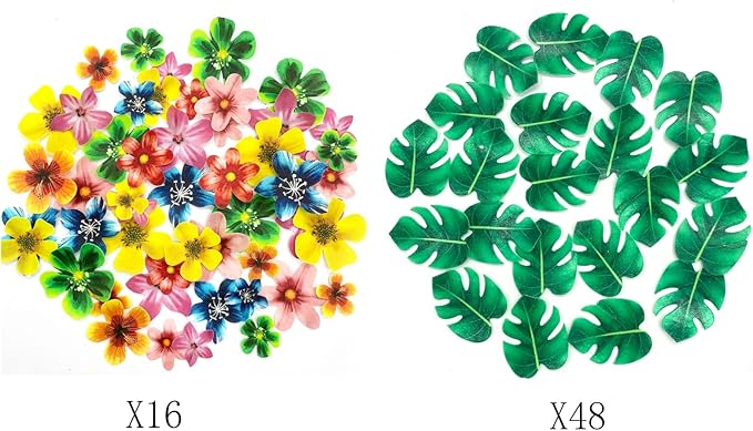 64Pcs Tropical Palm Leaves and Hawaii Flowers Cupcake Toppers Hawaii Theme Cake Decoration for Jungle Summer Party Birthday Wedding Cake Decor