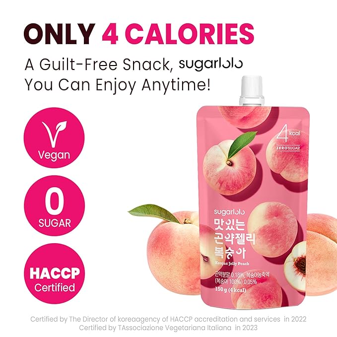 Sugarlolo Konjac Sweet Peach Jelly Snack - Vegan Jello with Zero Sugar | Only 4 Calories per Pouch | Low Calorie Korean Snacks5.29 Oz (150g) | 10 Pack