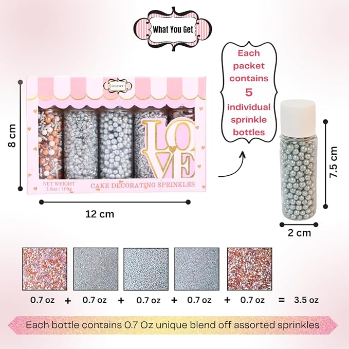 Confect Edible Cake Sprinkles Mix ??Silver, Bronze & White Pearls, Silver Jimmies, Sparkling Sugar ??Dessert Toppings for Cakes, Cupcakes, Cookies & Baking Decoration | Vegan, Gluten-Free, Nut-Free, Soy-Free, Dairy-Free, Palm Oil-Free- 5 Oz