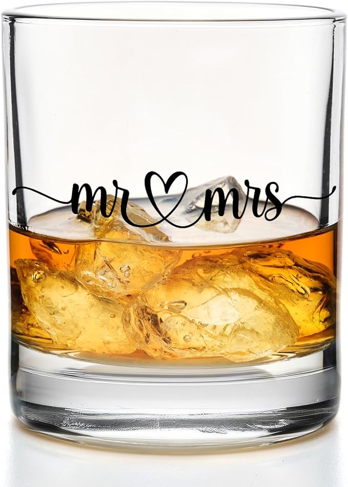 Mr and Mrs Whiskey Glasses 10 oz, Bridal Shower Wedding Engagement Bachelorette Gifts, Newlywed Gifts Old Fashioned Rocks Glasses for Couples Drinking Scotch Bourbon Cocktail Liquor Vodka