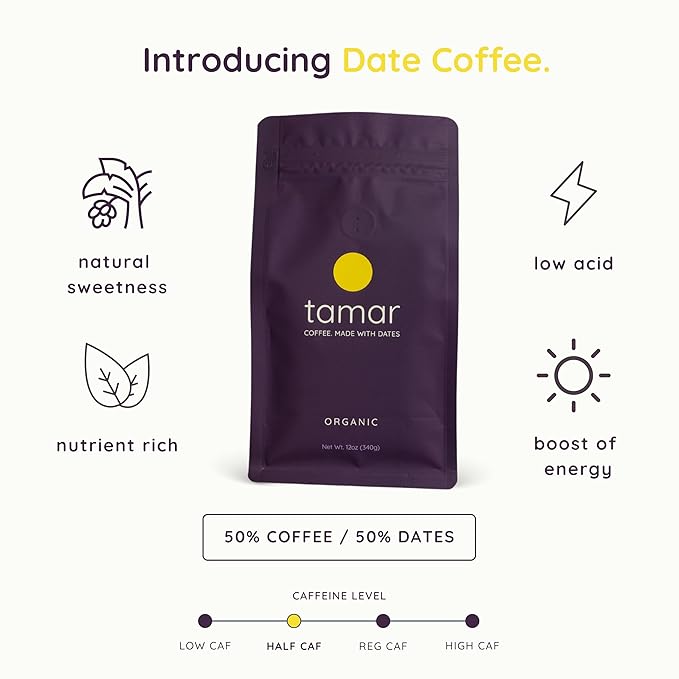 Tamar Date Coffee | Organic Ground Blend of Coffee & Whole Dates | Low Acid | Half Caffeine | Nutrient Rich | Boost of Energy | Medium Roast | 12oz bag