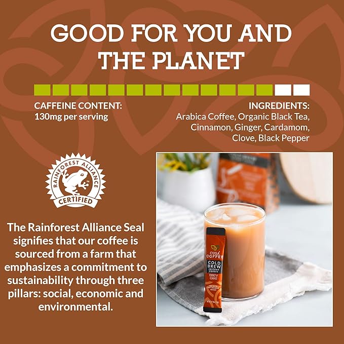 Cusa Tea & Coffee, Dirty Chai Cold Brew. Premium Instant Coffee, Rainforest Alliance Certified Arabica Beans. Drink Mix Packets Ready in Seconds, Makes Hot or Iced Coffee (30 Servings)