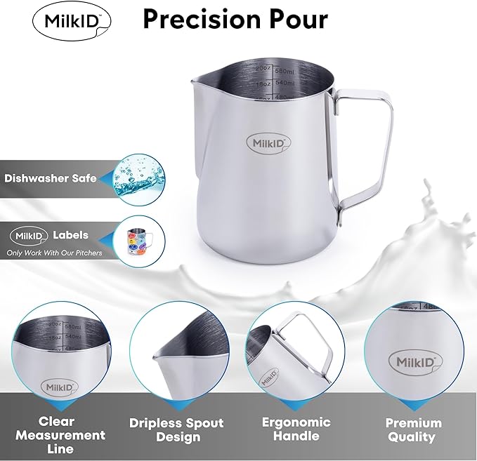 Stainless Steel Milk Frothing Pitcher | Compatible with MilkID Labeling System | Espresso Accessories Kit | Barista Tools | Latte Art Pitcher (20oz / Pitcher Only)