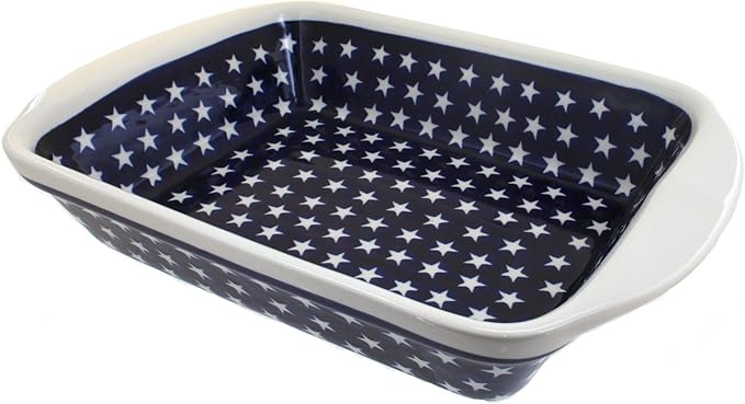 Blue Rose Polish Pottery - Blue Stars Large Rectangular Baker with Handles - 9" x 6.5" - Unique, Dishwasher Safe, & Durable Bakeware