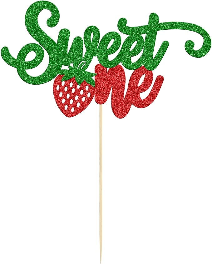 1Pc Strawberry 1st Birthday Cake Topper Red Glitter Sweet One First Birthday Strawberry Cake Pick Decoration for Sweet Fruit Theme Baby Shower Kids Birthday Party Supplies
