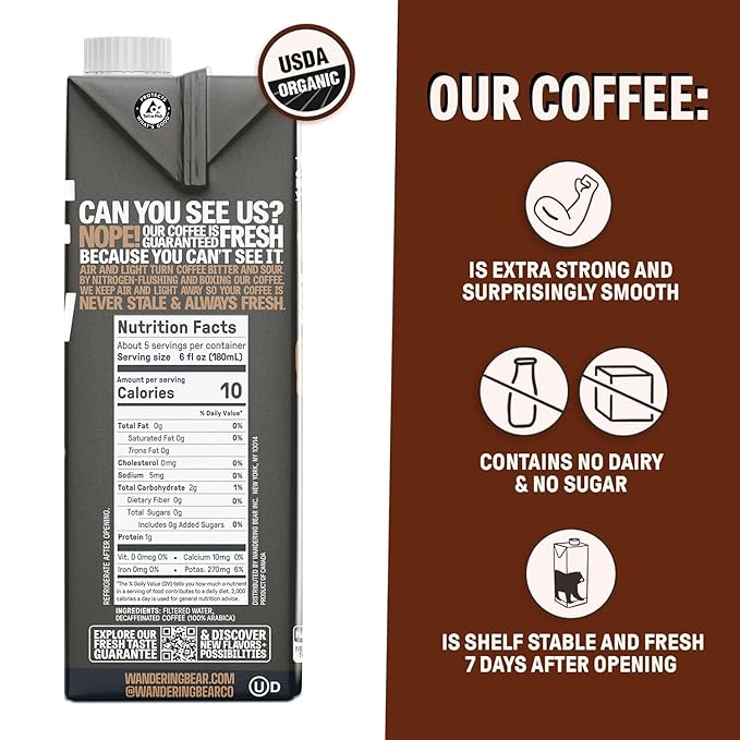 Wandering Bear Decaf Cold Brew Coffee, 32 fl oz, 6 pack - Extra Strong, Bold, Smooth, Unsweetened, Shelf-Stable, Ready to Drink, Iced Cold Brewed Coffee Drinks - Gluten Free & Vegan Decaf