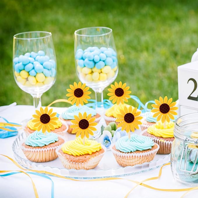 60 Pieces Sunflower Cupcake Toppers Yellow Flower Cake Picks Sunflower Toothpicks Summer Food Picks for Wedding Party Supplies Birthday Cake Decorations