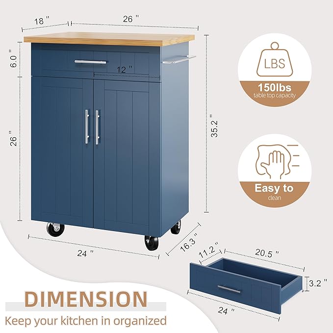 Shintenchi Kitchen Island Cart with Storage,Rolling Kitchen Island Side Table on Wheels with Large Worktop,Storage Cabinet,Towel Rack and Drawers for Kitchen,Dinning Room, Blue