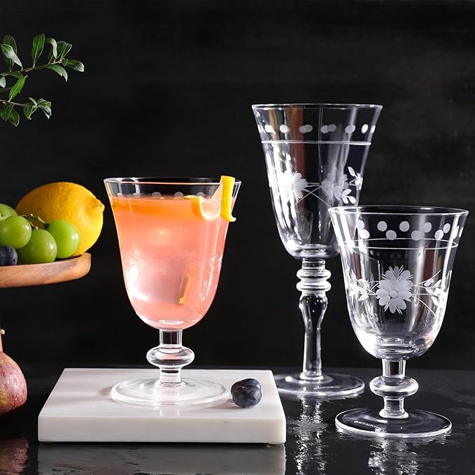 Premium Delight Vintage Wine Glasses Set of 4, 10 oz – Hand-Blown with Etched Stem, Classic Glassware for Weddings, Dinners, and Holiday Gifting (Vintage Goblets)