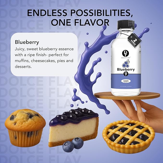 Dolce Flav Blueberry Extract ??2 Ounce Oil-Soluble Kosher, Sugar-Free, Concentrated Ripe Blueberry Flavoring for Baking, Chocolates & Desserts, Includes Measured Dropper