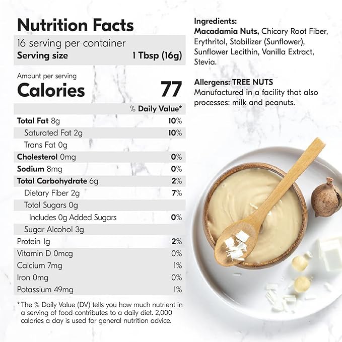 Macadamia Nut Butter, White Chocolate - 1 x 8.8oz - No Added Sugar, No Palm Oil, Plant-based, No Artificial Ingredients