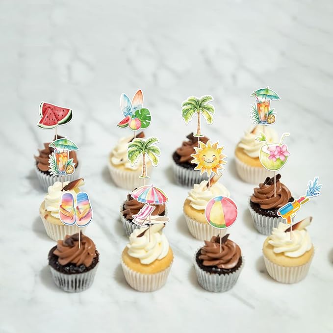 40 Pack Summer Beach Theme Cupcake Toppers Umbrella Chair Palm Tree Watermelon Coconut Cupcake Picks Hawaiian Beach Cake Decorations for Baby Shower Birthday Wedding Party Supplies