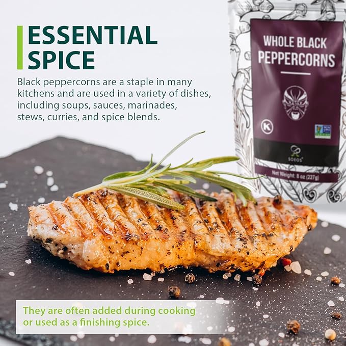Soeos Black Peppercorns, 8oz (Pack of 1), Non-GMO, Kosher, Packed to Keep Peppers Fresh, Peppercorn for Grinder Refill, Whole Peppercorns