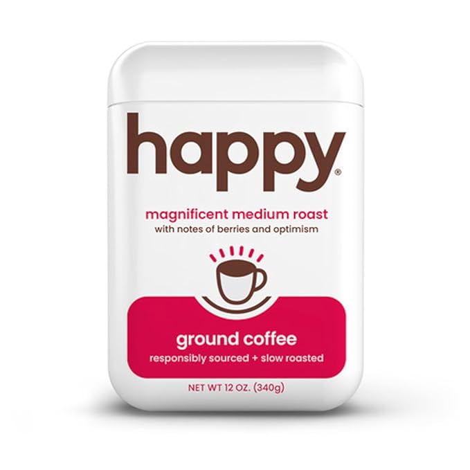 happy coffee medium roast ground coffee, 12 oz., notes of berries & optimism, recyclable container, grown & harvested in Brazil & Colombia, ra챠z sustainability verified