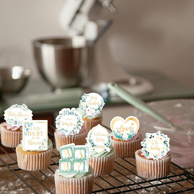 64 PCS Edible Oh Baby Cupcake Toppers Wafer Paper Love Baby Shower Cake Decorations Edible Baby in Bloom Welcome Baby Boy Cupcake Picks for Baby Shower Boys Birthday Party Decorations Supplies