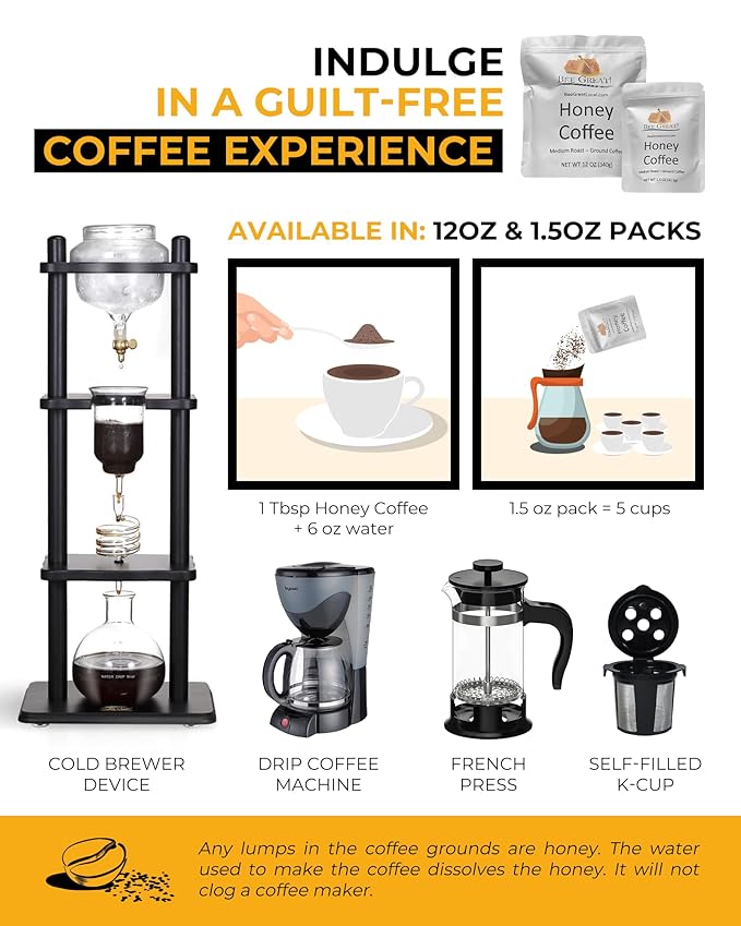 Bee Great Honey Coffee ??Medium Roast Ground Organic Arabica Beans Infused with Pure Honey ??Smooth, Not Too Sweet, No Artificial Sweeteners or Flavorings ??12oz Bag