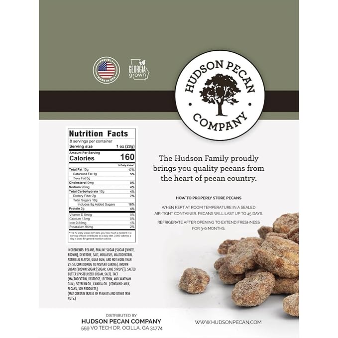 HUDSON PECAN COMPANY: Praline Roasted Georgia Pecans | Candied Gourmet Delight, Irresistible Southern Sweetness (Perfect for Snacking, Baking, Salads, Desserts, Gifting & More), 8 oz Resealable Pouch