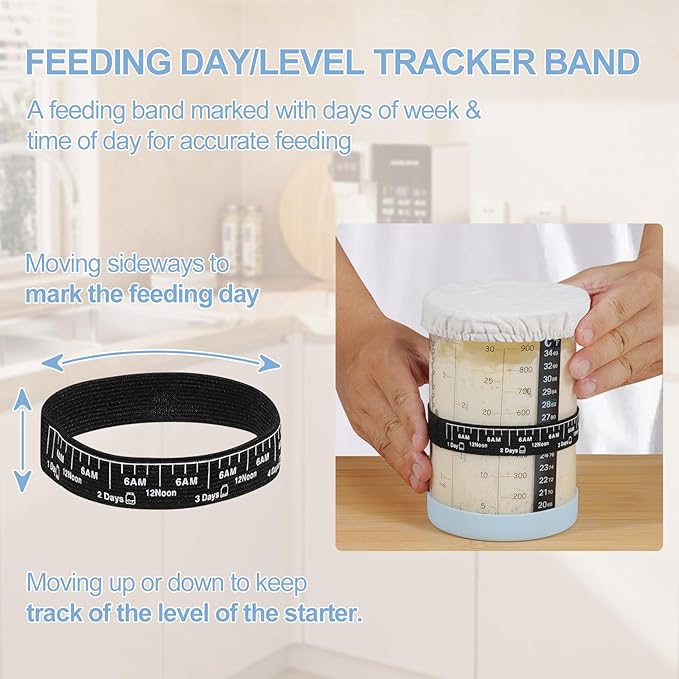 Sourdough Starter Jar,Sourdough Starter Kit with Ounce&ML Scale Line,Date Marked Feeding Band, Thermometer, Sourdough Jar Scraper, Silicone Lid,Cloth Cover & Bamboo Wood Lid(30oz/900ml)