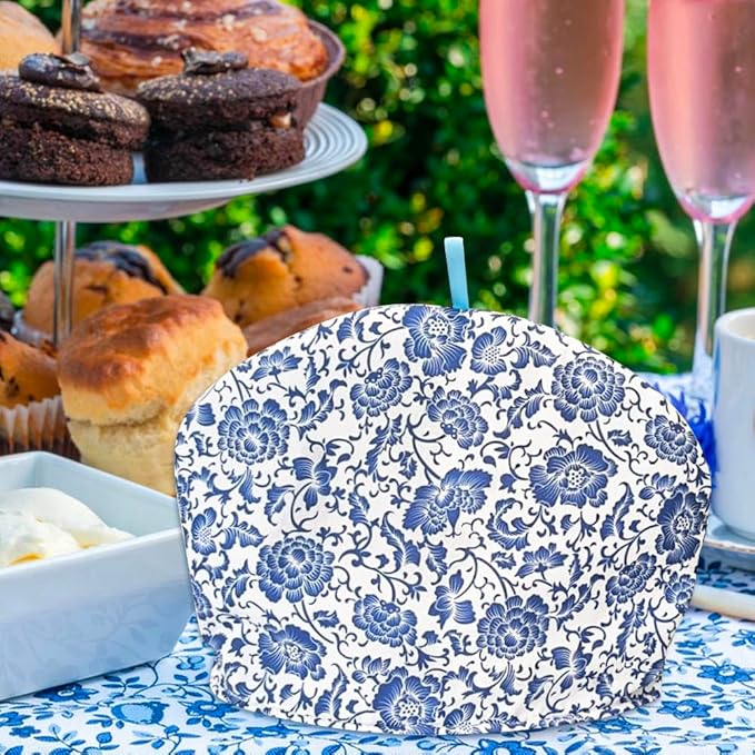 Cotton Tea Cozy Vintage Floral Printed Teapot Cover Tea Pot D챕cor Cozies Insulated Kettle Kitchen Dust Cover (Blue Flower)