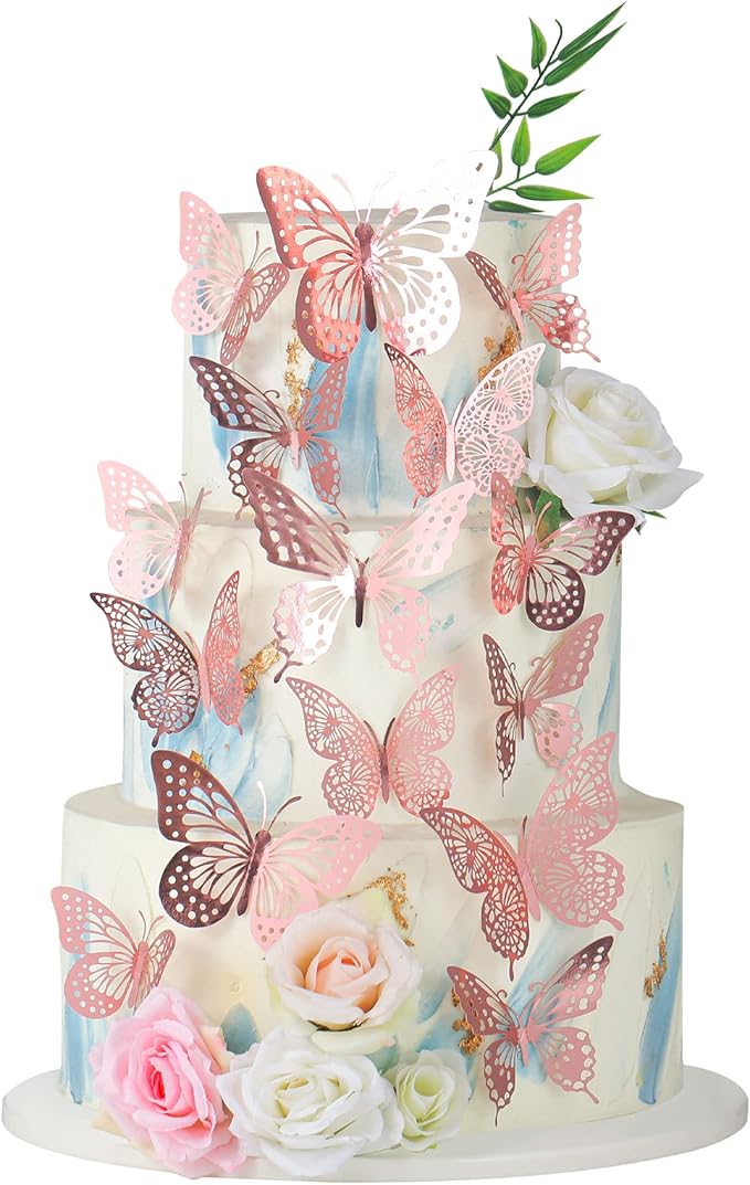 Gyufise 36 Pack Rose Gold Glitter 3D Cupcake Toppers - Hollow Butterfly Cake Decorations for Birthday Wedding Fairy Party - Wall Sticker Decal for Background Wall Decoration