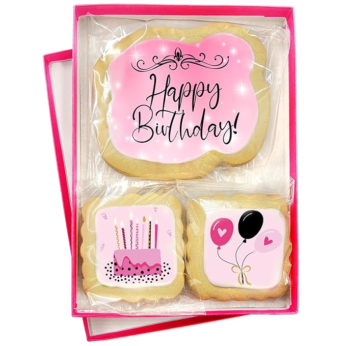 Happy Birthday Cookies 3 pack for Women Girls Teens Gift Basket For Her Mom | Pink Cookie Treats Cake Balloons | Individually Wrapped