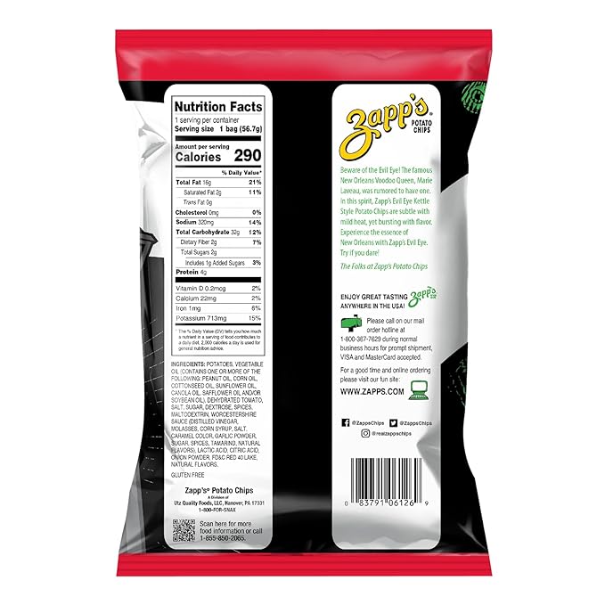 Zapp???New Orleans Kettle-Style Potato Chips Evil Eye Flavor (2 oz Bags, 25 Count) ??Crunchy Chips with a Spicy Kick ??Perfect On-The-Go, Gluten Free Snack
