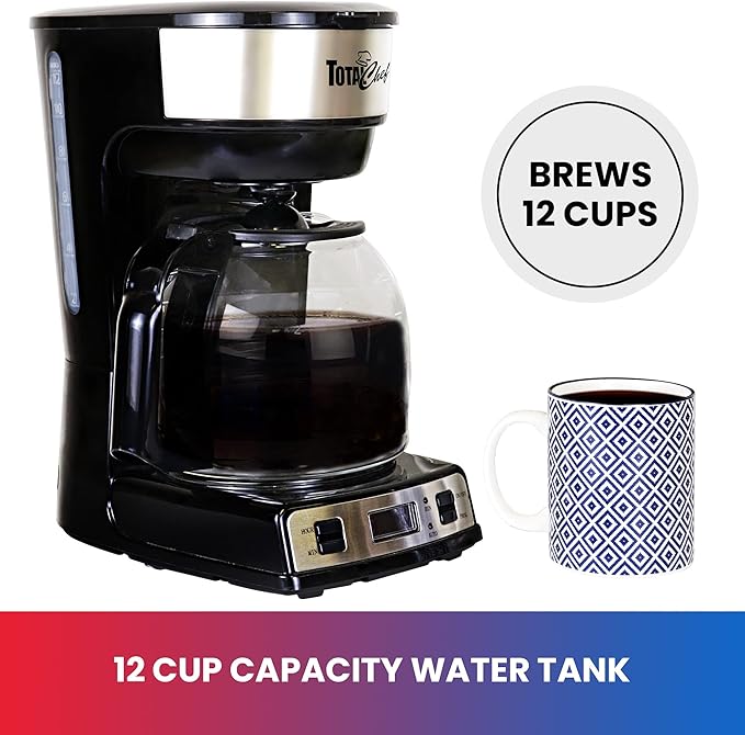 Total Chef Drip Coffee Maker ??12 Cup Programmable Cafe Machine With Glass Pot, Regular & Bold Brew, Autoshut Off Large Water Reservoir, Reusable Filter, Kitchen Appliances For Cafeteria Barista
