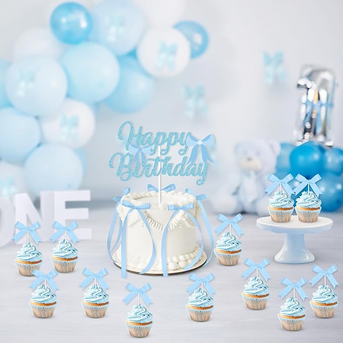 Blue Bow Birthday Decorations with Happy Birthday Sign, 6Pcs Ribbion Bow Cake Topper & 12Pcs Bow Cupcake Toppers, Bow Party Cake Decor, Tying the Knot Bridal Shower Party Supplies