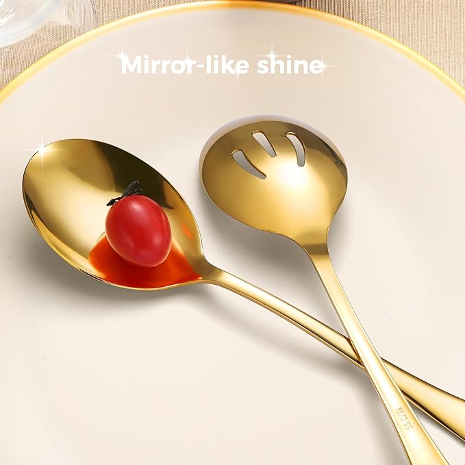 6 Piece Stainless Steel Serving Spoons Set, 10-Inch, Includes 2 Spoon/Slotted/Forks for Parties/Kitchen/Buffet/Catering, Dishwasher Safee, Gold