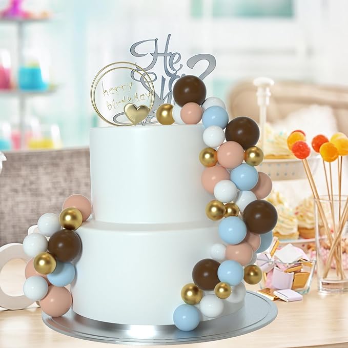 ASTARON 50 Pcs Ball Cake Topper Sticks Mini Balloons for Cake Decorating Supplies Foam Balls Cake decorations for Baby Shower Cake Birthday Cake Toppers Decorations (Light Blue, Brown)