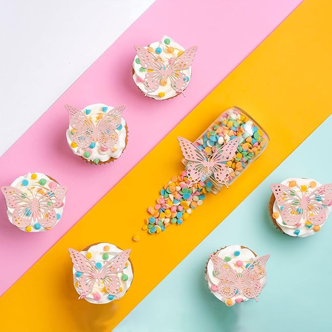 Gyufise 36 Pack Rose Gold Glitter 3D Cupcake Toppers - Hollow Butterfly Cake Decorations for Birthday Wedding Fairy Party - Wall Sticker Decal for Background Wall Decoration