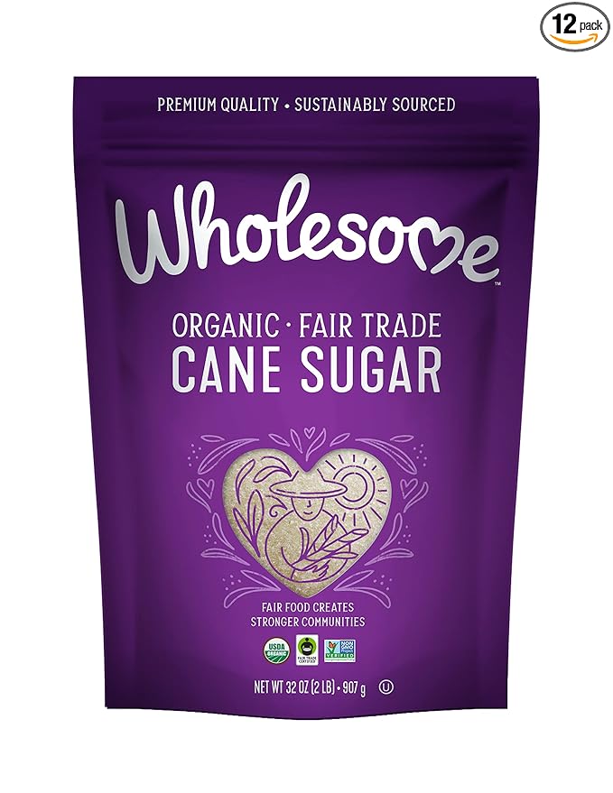 Wholesome Sweeteners 32-Ounce Organic Cane Sugar, Fair Trade, Non GMO, Gluten Free, Pure & Vegan, for Baking and Sweetening, 12 Pack