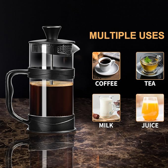 PARACITY French Press Coffee/Tea Maker, Camping Mini Coffee/Tea Press of 304 Stainless Steel Filter and Heat Resistant Glass, Cold Brew Coffee Maker 11.8OZ for Travel& Home Gift(Black)