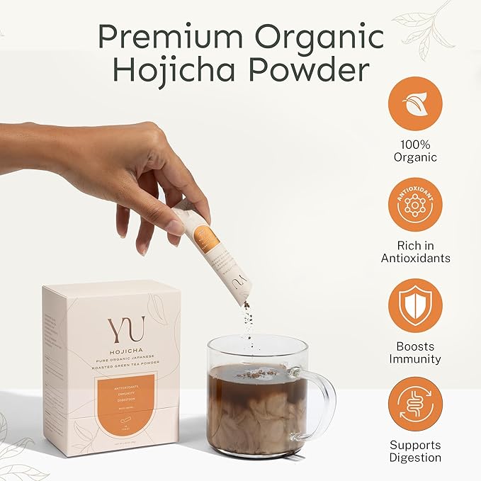 Yu Tea Organic Hojicha Green Tea Powder | Rich in Antioxidants & EGCG | Pure Japanese Roasted Green Tea | Low Caffeine & Unsweetened Matcha Alternative | Resealable Pouch, 2.65 oz, 75 Servings