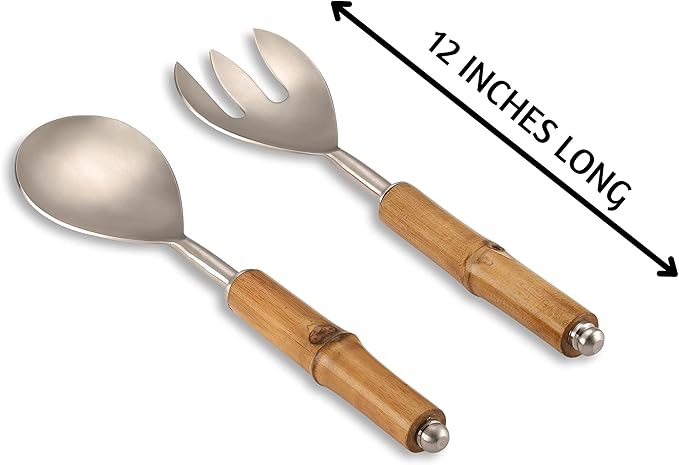Folkulture Serving Utensils for Modern Cooking, Stainless Steel Salad Servers or Tongs, 12 Inch Tosser, Spoon and Fork Set With Bamboo Handle, Silver