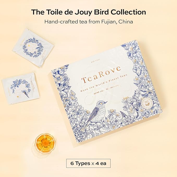 TeaRove Assorted Tea Gift Box - Toile de Jouy Bird Collection, Chinese Whole-Leaf Tea Smapler Variety Pack, Black, Oolong, Jasmine Green & Herbal Teas, Hot or Iced, Self Care Gifts for Teas Lovers