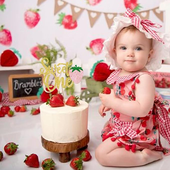 1 Pack Sweet One Cupcake Topper Glitter First Birthday Strawberry Cake Pick for Fruit Baby Shower 1st Birthday Berry Sweet Party Cake Decorations Supplies Gold 2