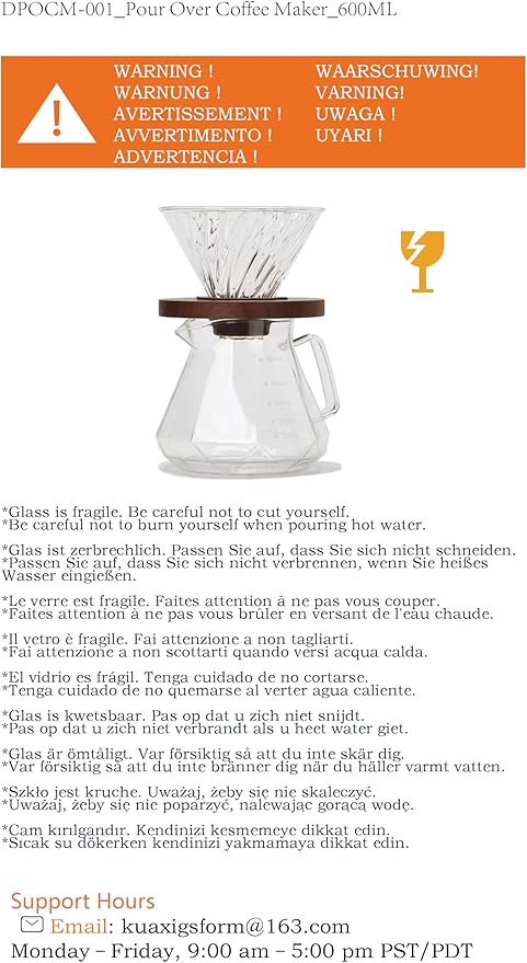 Pour Over Coffee Maker, 20 oz Borosilicate Glass Carafe with 100 pcs V60 Paper Filter by Gsform, Walnut Handle & Glass Lid, Drip Coffee Maker for Home Caf챕 Restaurant Camping, 600 ml, Clear