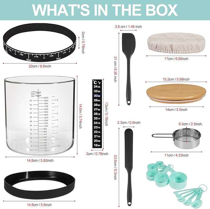 Large Sourdough Starter Jar 66 oz,Sourdough Starter Kit Wide Mouth with Ounce&ML Scale Line,Date Marked Feeding Band, Thermometer, Sourdough Jar Scraper, Cloth Cover & Bamboo Wood Lid (BLACK-66OZ/2L)