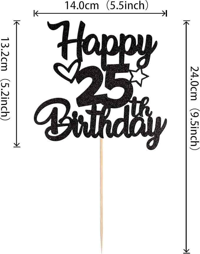 1 Pack Happy 25th Birthday Cake Topper Glitter Heart Star 25 Fabulous Cake Pick Birthday Sign Cake Decorations for Children 25th Birthday Theme Party Supplies Black
